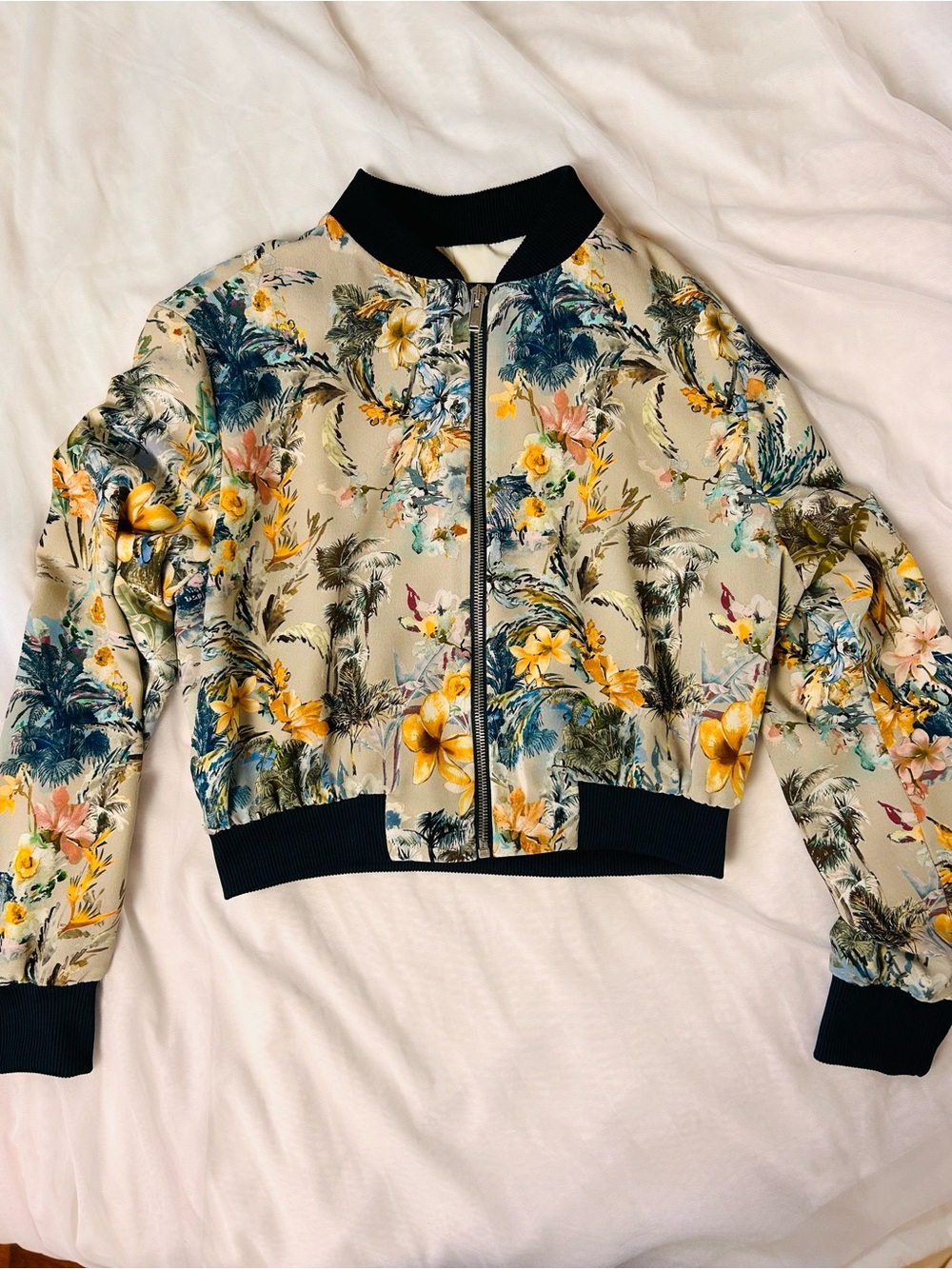 Zara Floral Bomber Jacket - Beige with Yellow & Teal Accents